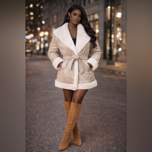 Glitz Jackets & Blazers - Ivory Empress Fur Trim Coat – Tie Waist Edition